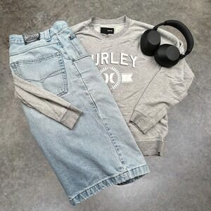 Hurley Mens Waffle Knit Crewneck Sweatshirt Grey Graphic Skater Y2K Small